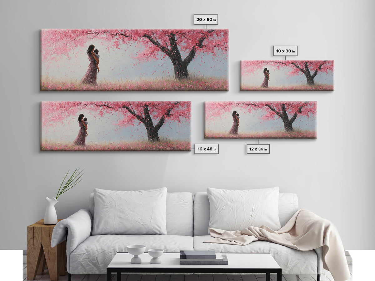 Mother And Infant Beneath Pink Cherry Blossoms Wall Art, Romantic Spring Nursery Decor, Feminine Canvas Art Gift For Her