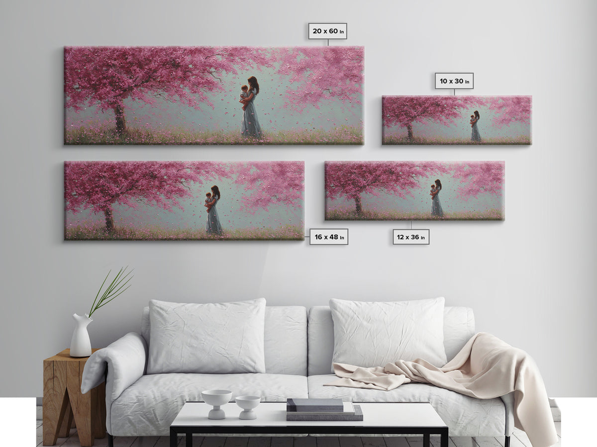 Mother Holding Baby In Pink Blossom Grove Framed Canvas Print, Pastel Nursery Wall Art, Cherry Blossom Home Decor Gift For Mom