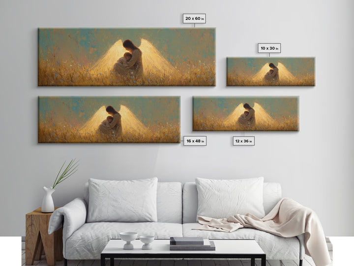 Golden Guardian Angel Embracing Child Canvas Print, Spiritual Wall Art, Christian Nursery Home Decor, Sympathy Gift For Mom