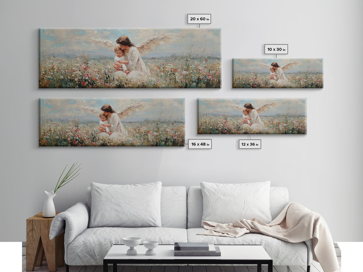 White Winged Angel Holding Baby In Meadow Canvas Print, Christian Wall Art, Spiritual Nursery Decor, Guardian Angel Gift