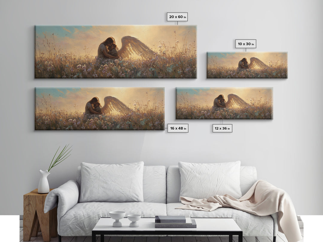 Sunset Guardian Angel Cuddling Child Wall Art, Golden Wildflower Meadow Canvas Print, Christian Nursery Decor Gift For Mom