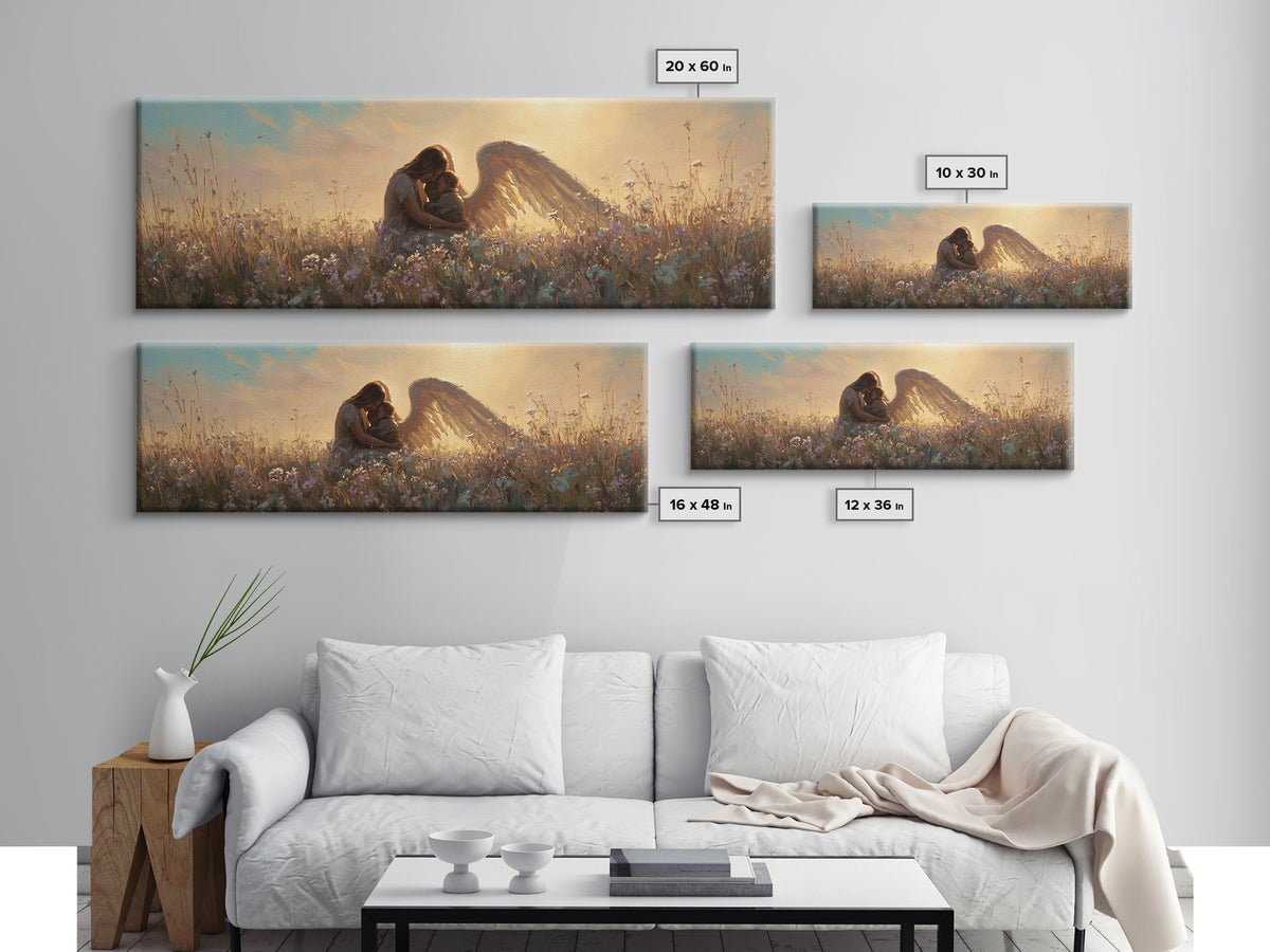 Sunset Guardian Angel Cuddling Child Wall Art, Golden Wildflower Meadow Canvas Print, Christian Nursery Decor Gift For Mom