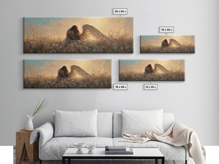 Sunset Guardian Angel Cuddling Child Wall Art, Golden Wildflower Meadow Canvas Print, Christian Nursery Decor Gift For Mom