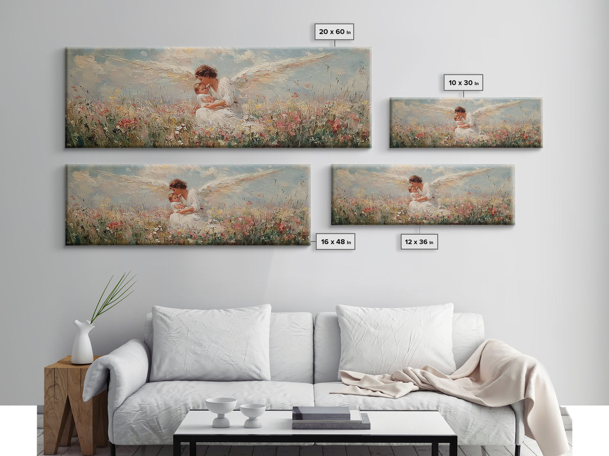 Curly Haired Angel Holding Baby In Flowers Canvas Print, Christian Wall Art, Spiritual Nursery Decor, Baptism Gift For Baby
