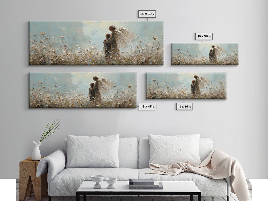 Guardian Angel Walking With Child In Meadow Wall Art, Soft Blue Wildflower Canvas Print, Christian Nursery Decor Gift For Mom