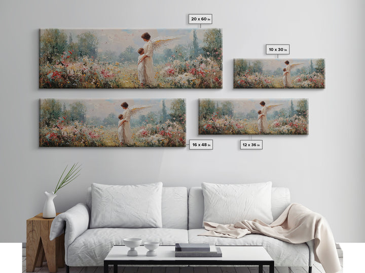 Guardian Angel With Child Framed Canvas Print, Spiritual Wall Art, Nursery Decor, Christian Gift, Wildflower Landscape Art