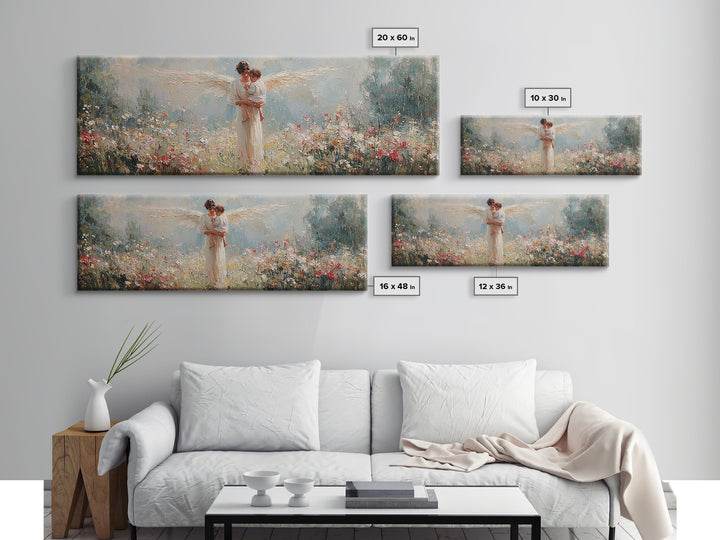 Angel Mother Holding Child Canvas Print, Christian Wall Art, Nursery Decor, Ethereal Meadow Painting, Gift For Her, Housewarming Gift