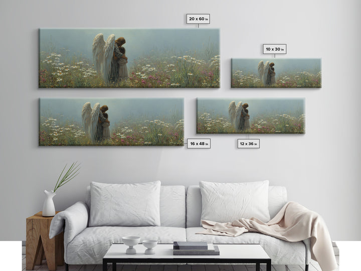Angel And Little Girl Meadow Wall Art, Christian Nursery Decor, Spiritual Canvas Art, Wildflower Landscape, Calming Gift