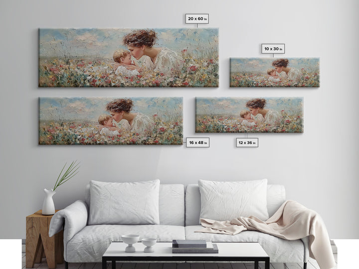 Angel Mother Kissing Baby Framed Canvas Print, Christian Nursery Wall Art, Wildflower Meadow Decor, Gift For Mom, Spiritual Art