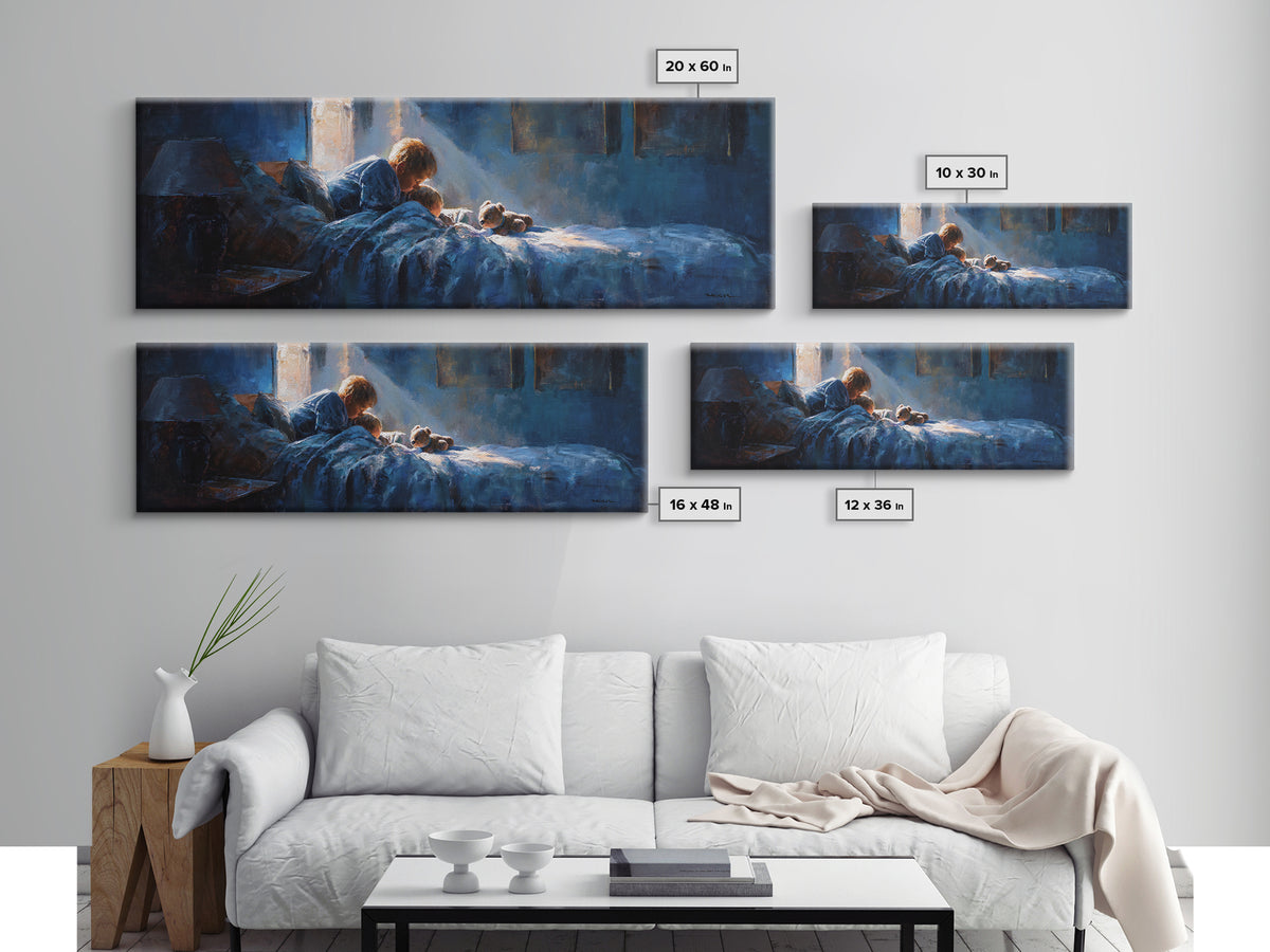 Mother Reading To Child In Blue Bedroom Wall Art, Moody Impressionist Bedtime Print, Cozy Nursery Decor, Above Bed Gift For Mom