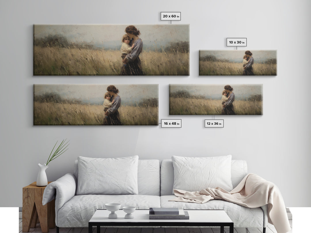 Tender Mother And Child In Wheat Field Canvas Print, Moody Impressionist Wall Art, Neutral Nursery Decor, Gift For Mom, Living Room Art