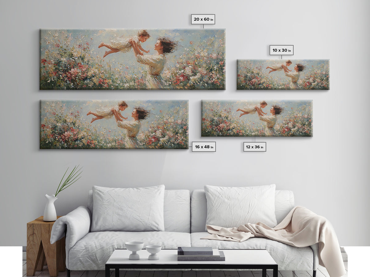 Mother Lifting Child Over Blooming Meadow Framed Canvas Print, Impressionist Floral Wall Art, Nursery Decor Gift For Mom