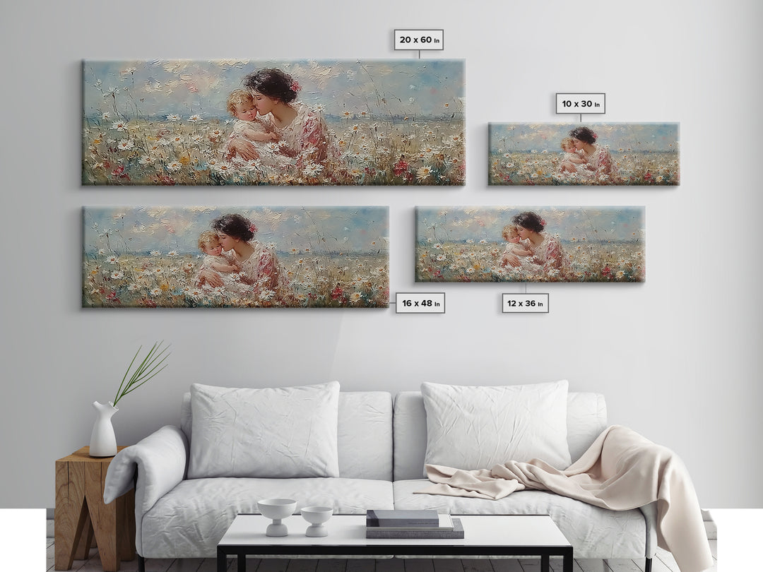 Tender Mother And Child Embrace In Daisy Field Framed Canvas Print, Floral Wall Art, Feminine Nursery Decor Gift For Her