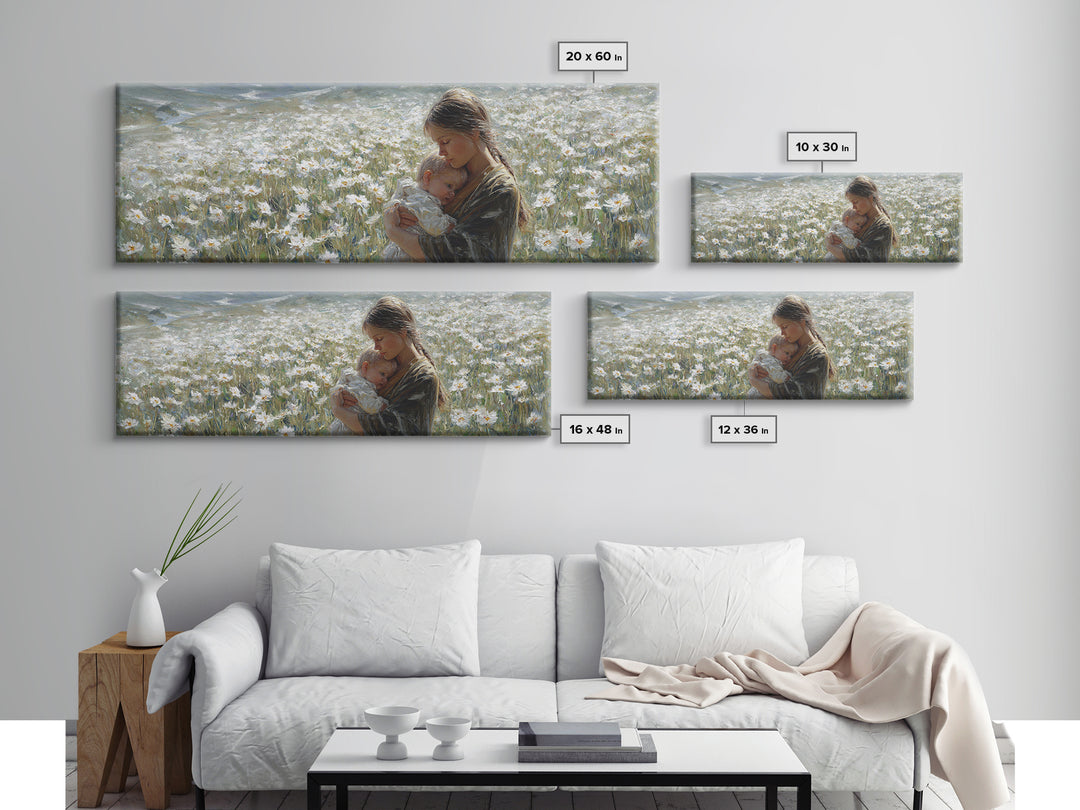 Peaceful Mother Cradling Baby In White Daisy Meadow Canvas Print, Nature Wall Art, Feminine Nursery Decor Gift For New Mom