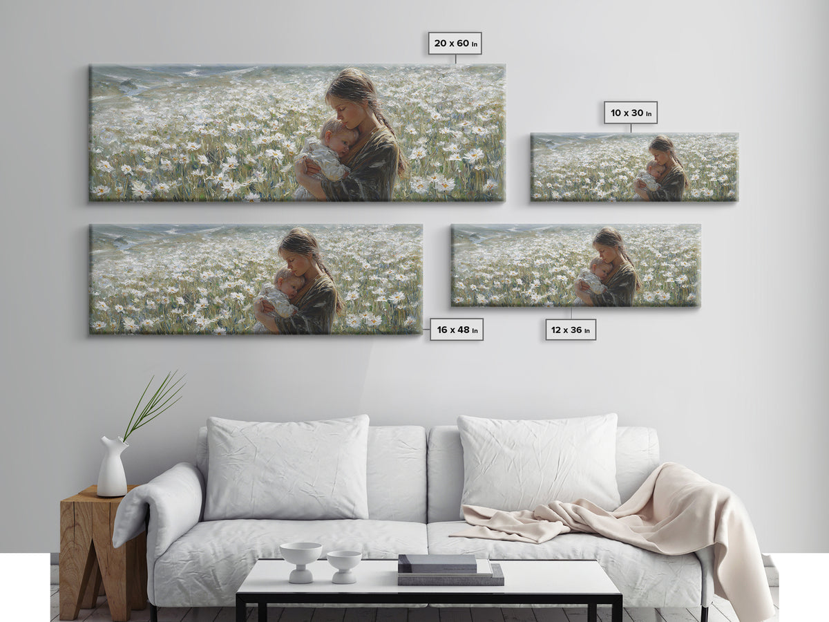 Peaceful Mother Cradling Baby In White Daisy Meadow Canvas Print, Nature Wall Art, Feminine Nursery Decor Gift For New Mom