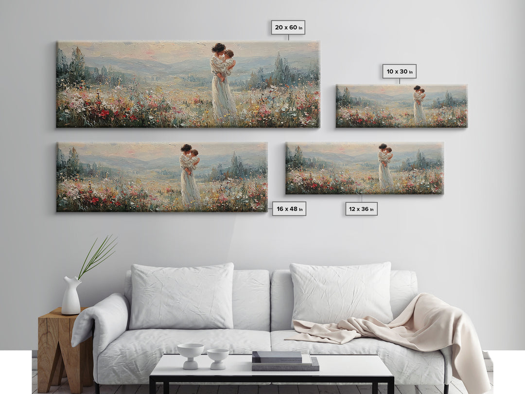 Mother Holding Infant Above Misty Floral Valley Canvas Print, Landscape Wall Art, Romantic Bedroom Decor Housewarming Gift