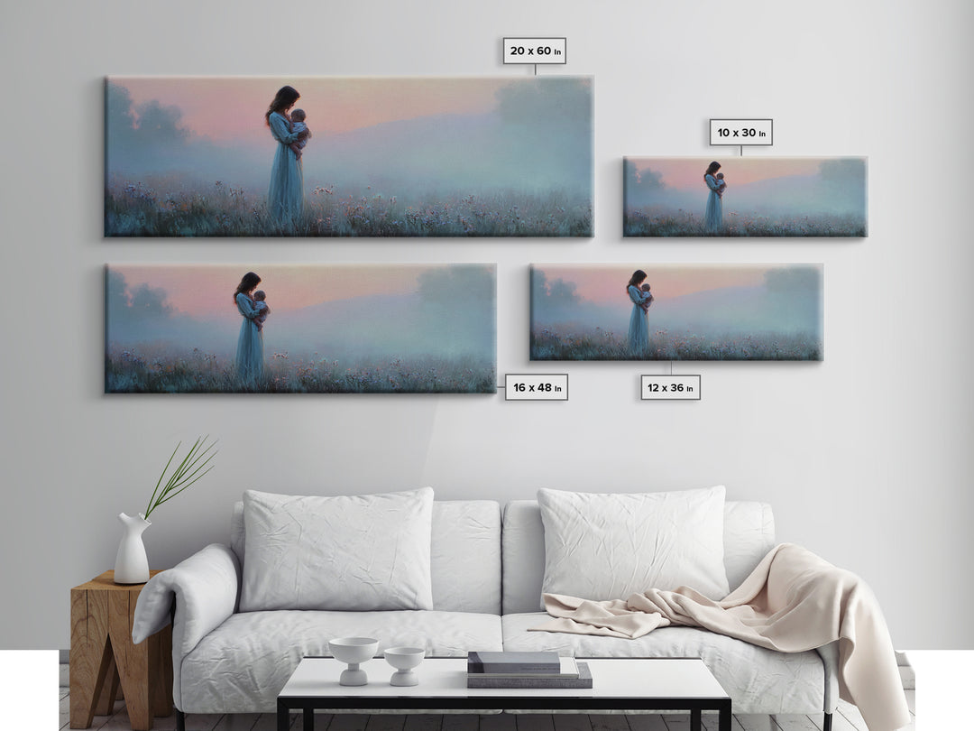 Mother And Baby At Misty Pink Dawn Framed Canvas Print, Moody Wall Art, Feminine Nursery Decor, Romantic Bedroom Gift For Mom
