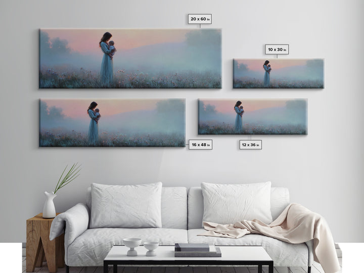 Mother And Baby At Misty Pink Dawn Framed Canvas Print, Moody Wall Art, Feminine Nursery Decor, Romantic Bedroom Gift For Mom