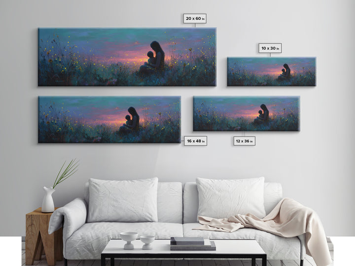 Mother And Child Twilight Meadow Canvas Print, Celestial Firefly Wall Decor, Boho Nursery Art, Gift For Mom, Bedroom Decor