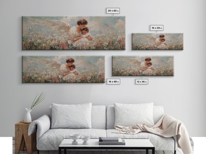 Guardian Angel And Child Framed Canvas Print, Wildflower Meadow Wall Art, Christian Nursery Decor, Gift For Mom, Fine Art