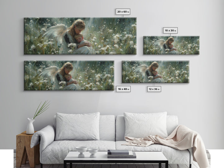 Blonde Guardian Angel With Baby Wall Art, Serene Wildflower Meadow Canvas Print, Christian Nursery Decor, Gift For Her, Home Decor