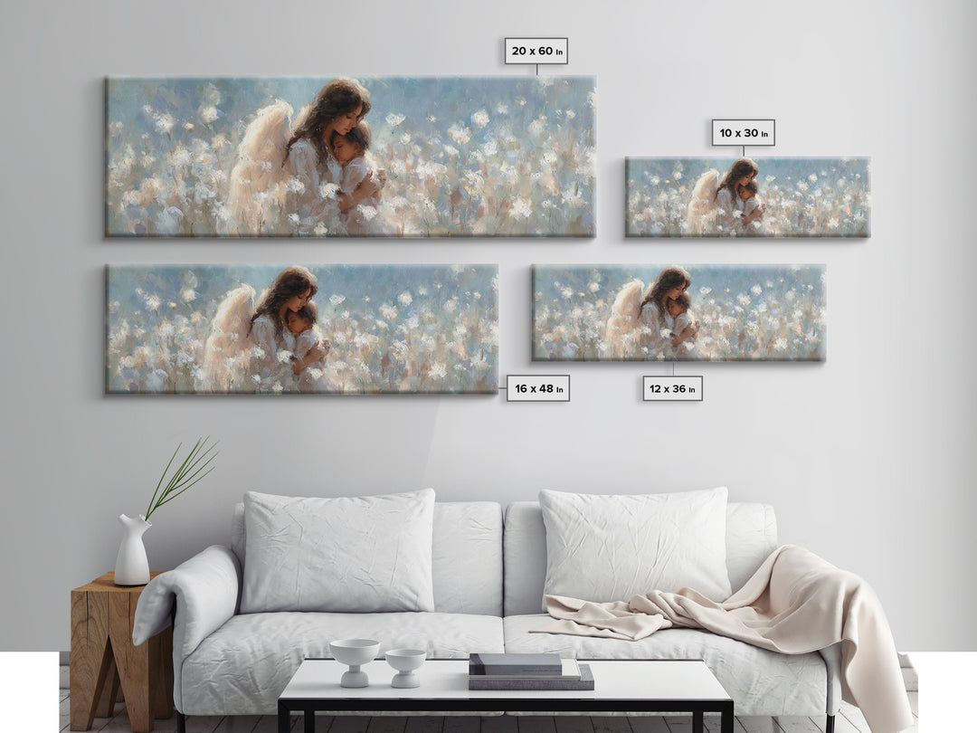 Angel Mother And Child In White Flowers Canvas Print, Dreamy Nursery Wall Art, Christian Home Decor, Gift For Mom, Fine Art