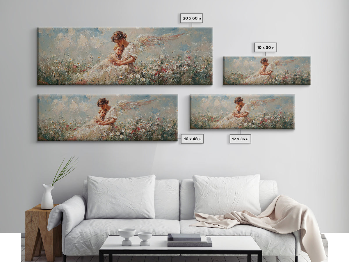 Mother Angel Holding Baby In Wildflowers Wall Art, Soft Pastel Canvas Print, Christian Nursery Decor, Gift For Mom, Home Decor