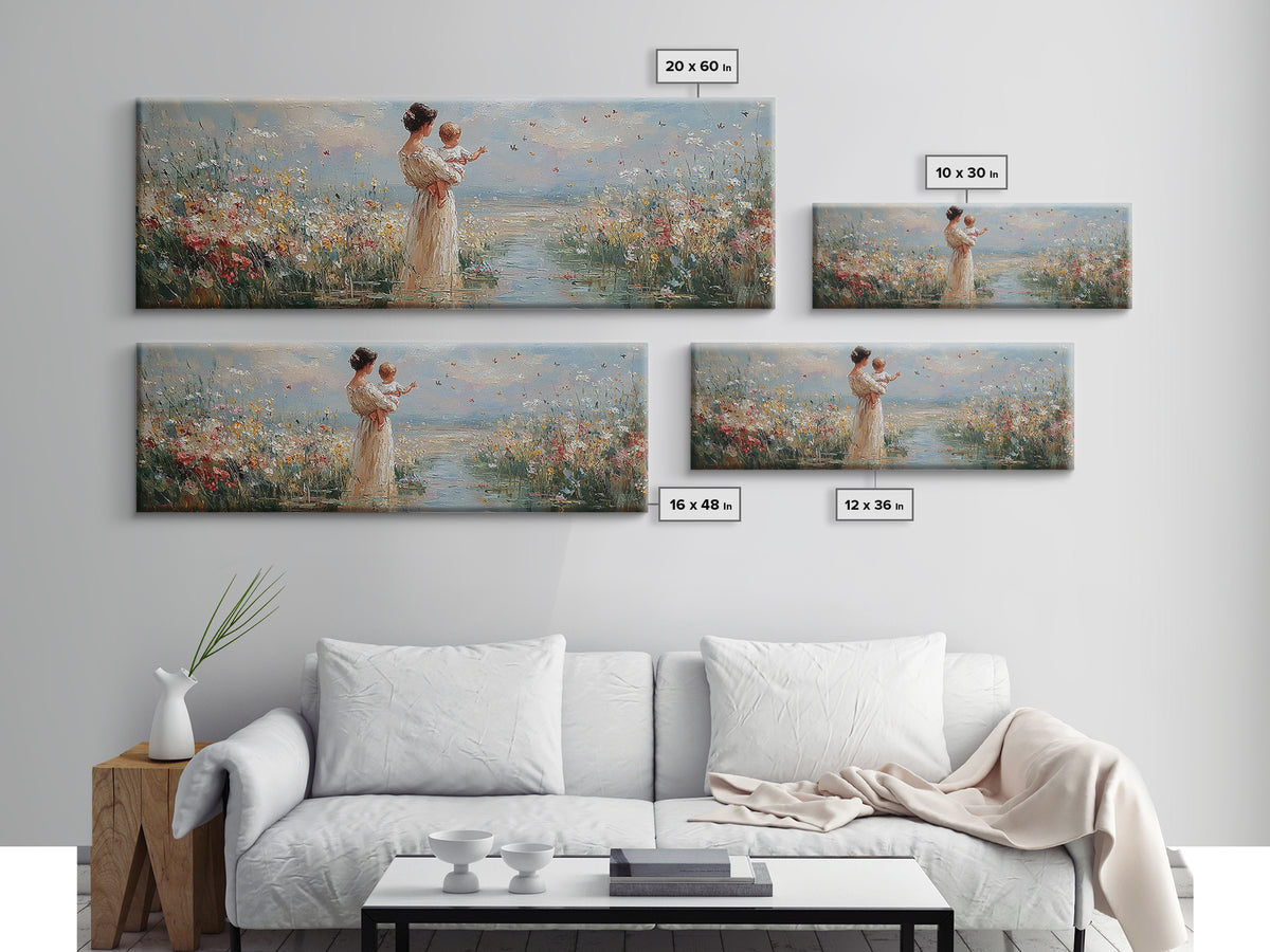 Mother Holding Baby By The Sea Wall Art, Wildflower Coastal Landscape Canvas Print, Nursery Decor, Gift For Mom, Fine Art