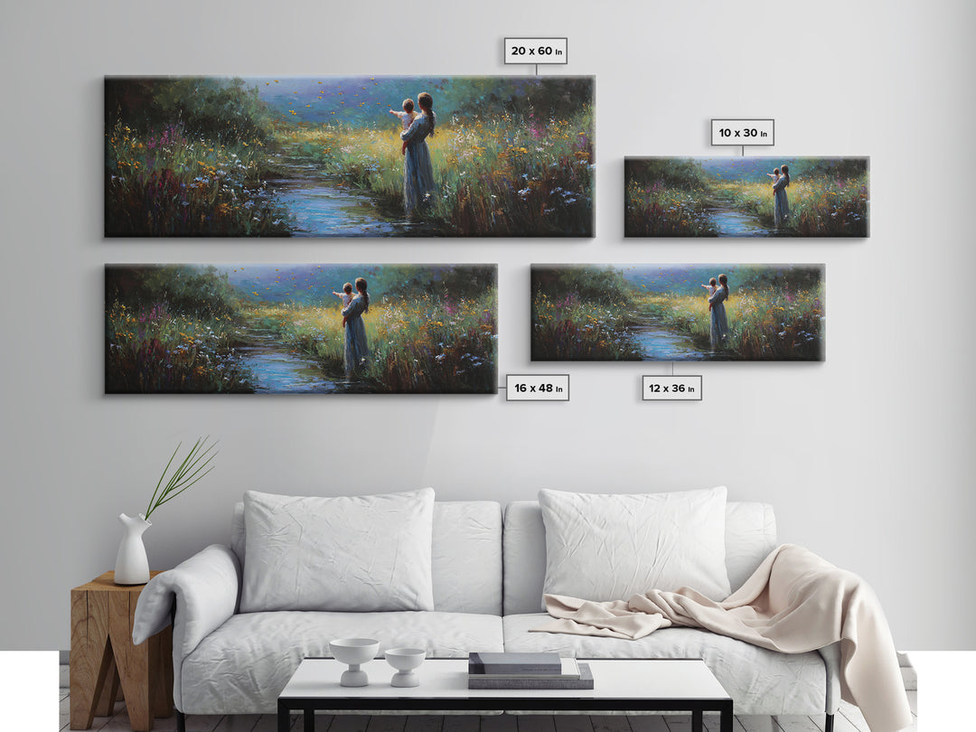 Mother And Child Beside Moonlit Stream Wall Art, Firefly Meadow Canvas Print, Spiritual Nursery Decor, Gift For Mom, Home Decor