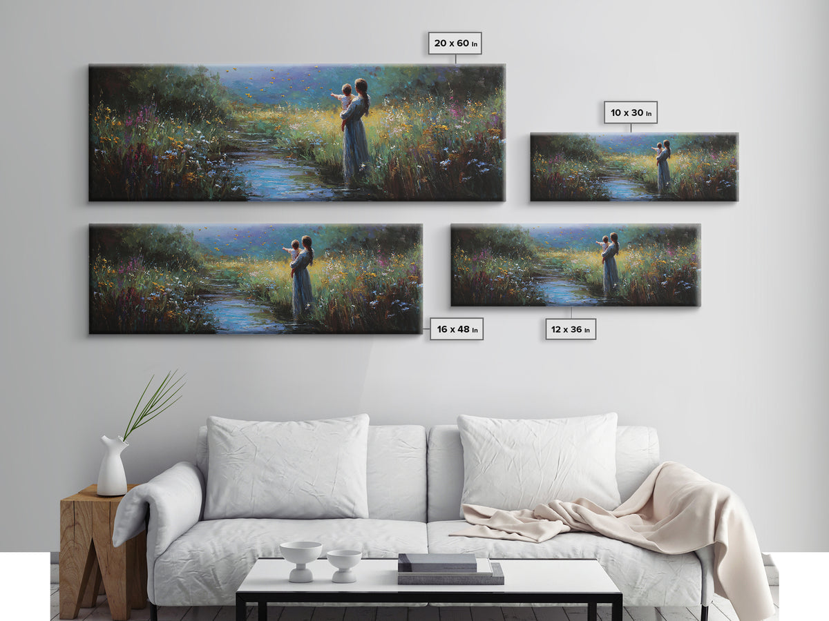 Mother And Child Beside Moonlit Stream Wall Art, Firefly Meadow Canvas Print, Spiritual Nursery Decor, Gift For Mom, Home Decor