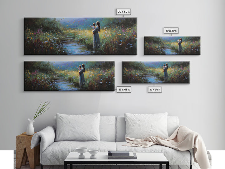 Mother And Child Beside Moonlit Stream Wall Art, Firefly Meadow Canvas Print, Spiritual Nursery Decor, Gift For Mom, Home Decor