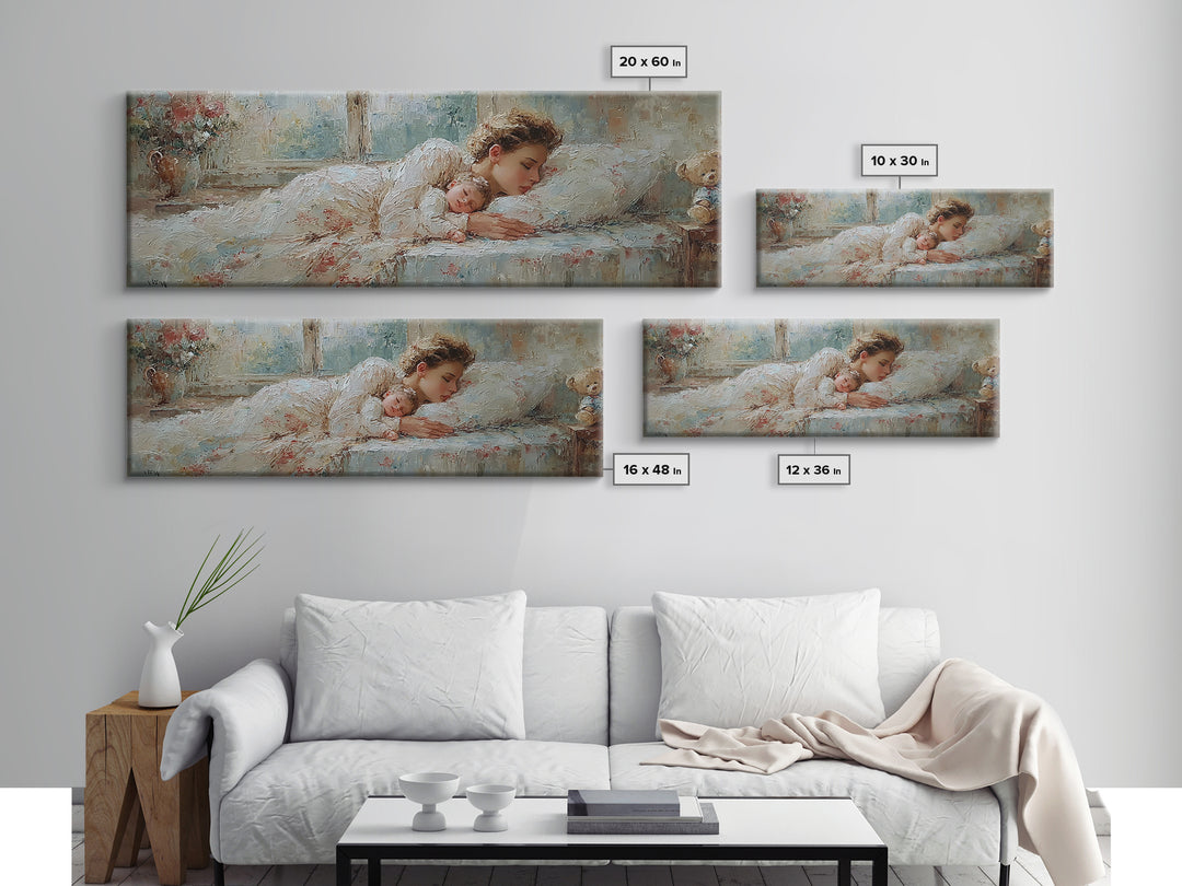 Sleeping Mother And Baby In Soft Light Wall Art, Tender Nursery Decor, Bedroom Canvas, Gift For Mom, Motherhood Art Print