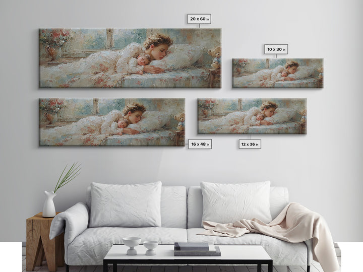 Sleeping Mother And Baby In Soft Light Wall Art, Tender Nursery Decor, Bedroom Canvas, Gift For Mom, Motherhood Art Print
