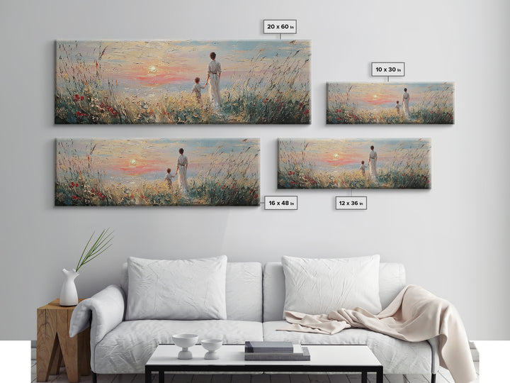 Mother And Child By Sunset Sea Canvas Print, Coastal Wall Art, Living Room Decor, Gift For Mom, Serene Beach Home Decor Prints