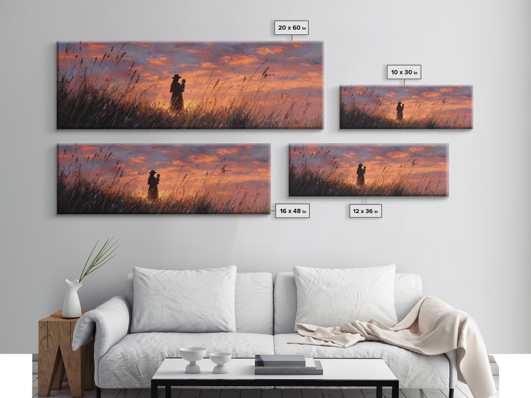 Silhouette Mother Holding Baby At Fiery Sunset Wall Art, Moody Landscape Painting, Gift For Her, Warm Bedroom Decor Canvas Print