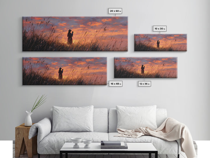 Silhouette Mother Holding Baby At Fiery Sunset Wall Art, Moody Landscape Painting, Gift For Her, Warm Bedroom Decor Canvas Print