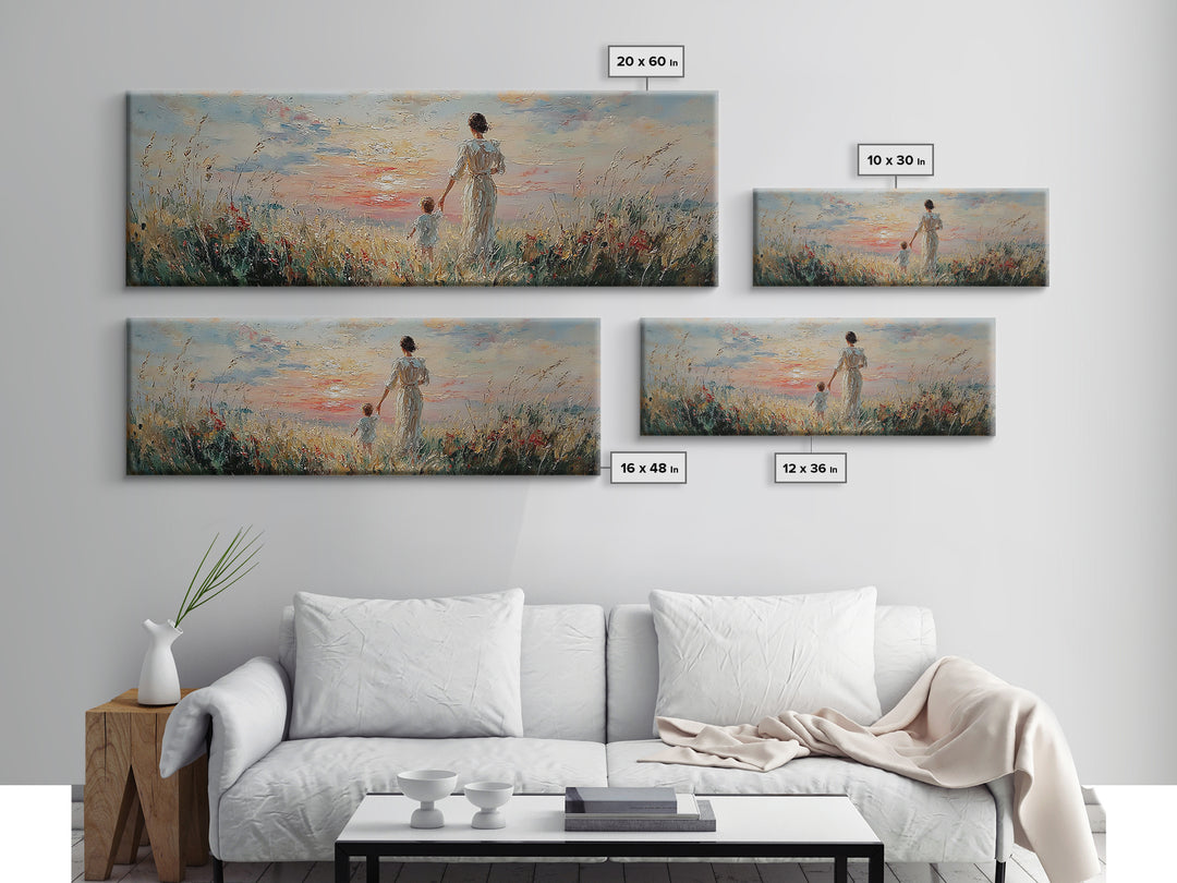 Mother And Child Walking Through Coastal Flowers Framed Canvas Print, Beach House Decor, Living Room Wall Art, Gift For Mom