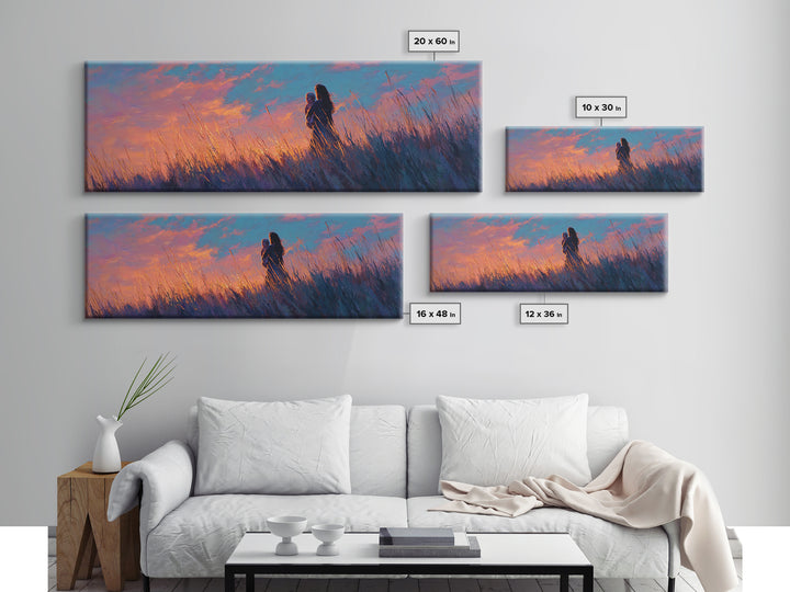 Mother Holding Baby In Purple Sunset Meadow Canvas Print, Romantic Wall Art, Moody Bedroom Decor, Gift For Her, Nursery Art