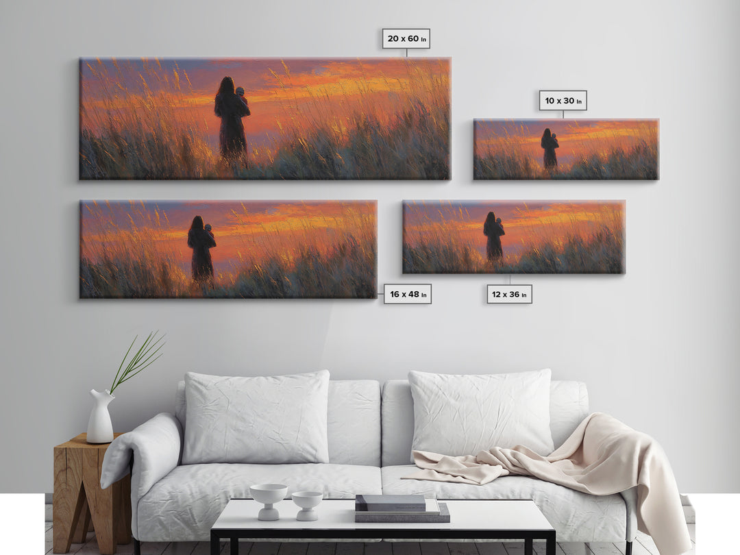 Mother And Baby Silhouette In Golden Field Wall Art, Sunset Landscape Painting, Warm Home Decor, Gift For Mom, Canvas Print