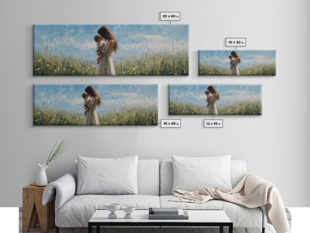 Mother Holding Baby In Wildflower Meadow Wall Art, Impressionist Floral Nursery Decor, Mothers Day Gift, Serene Living Room Print