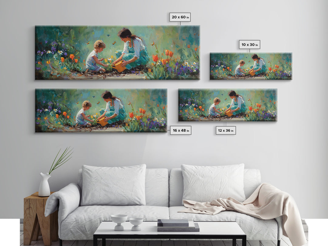 Mother And Child Planting Tulips Canvas Print, Whimsical Garden Wall Art, Floral Nursery Decor, Gift For Mom Cozy Home Decor