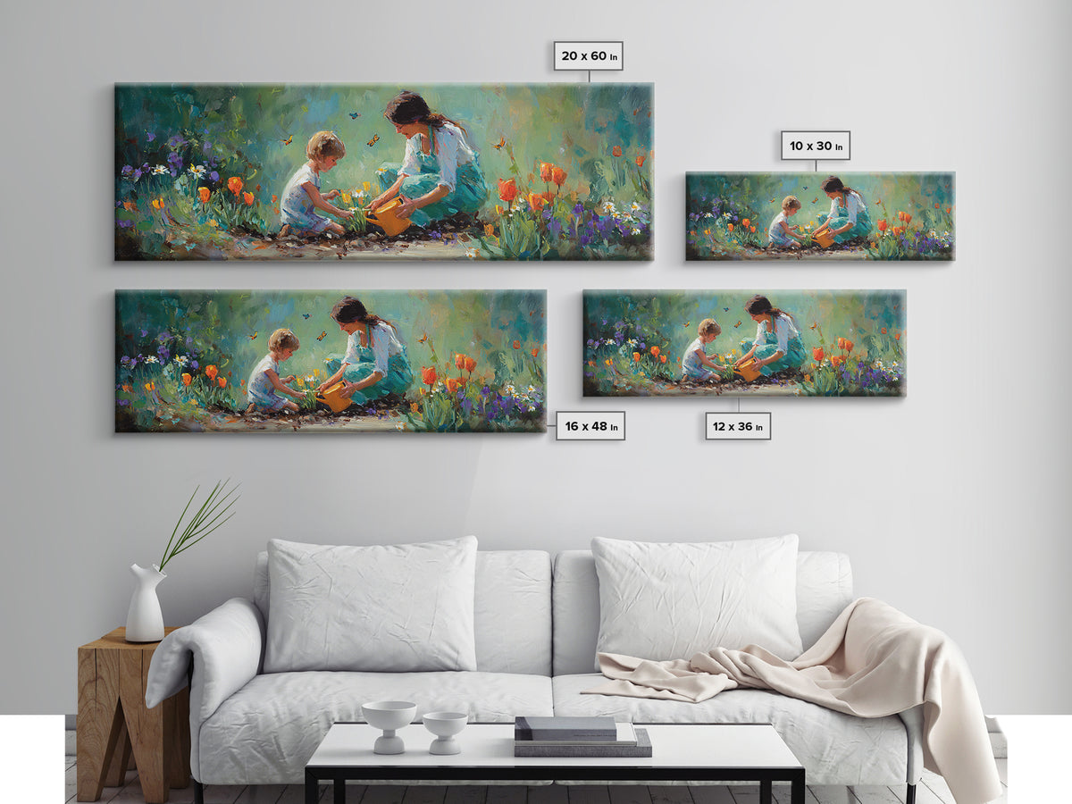 Mother And Child Planting Tulips Canvas Print, Whimsical Garden Wall Art, Floral Nursery Decor, Gift For Mom Cozy Home Decor