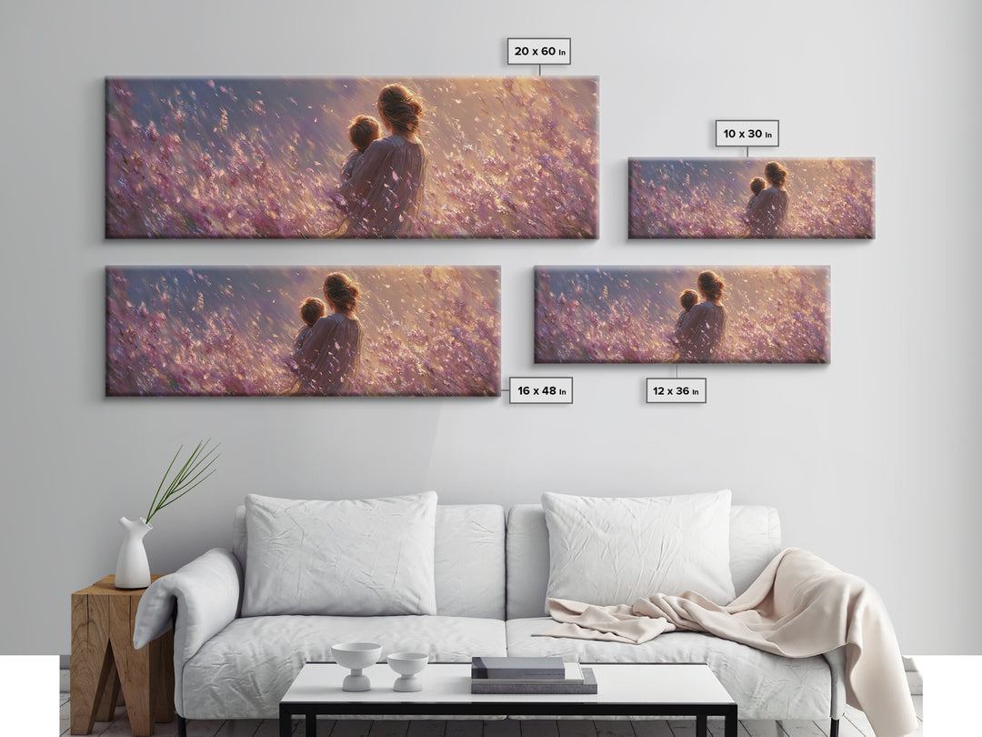 Mother Holding Child In Purple Wildflower Meadow Framed Canvas Print, Romantic Floral Wall Art, Nursery Decor, Gift For Mom