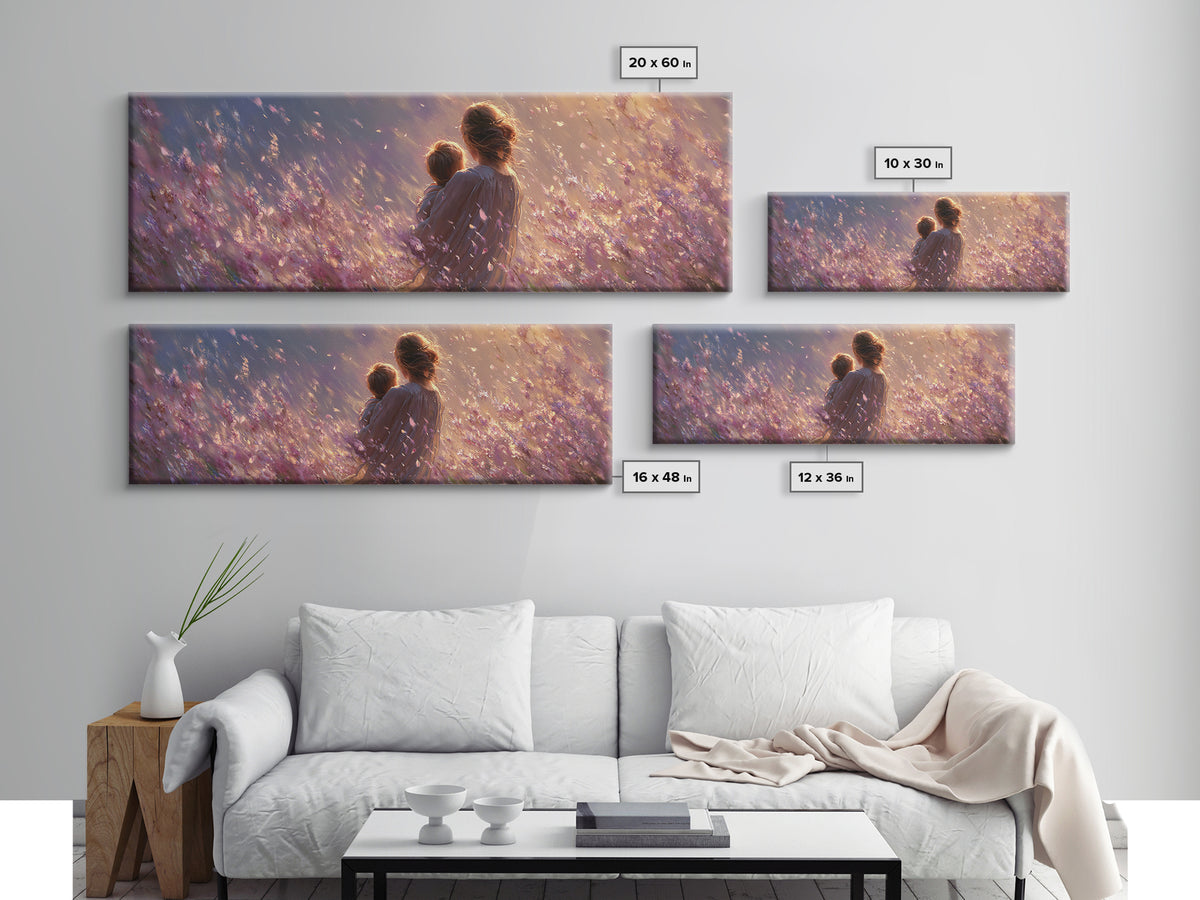 Mother Holding Child In Purple Wildflower Meadow Framed Canvas Print, Romantic Floral Wall Art, Nursery Decor, Gift For Mom