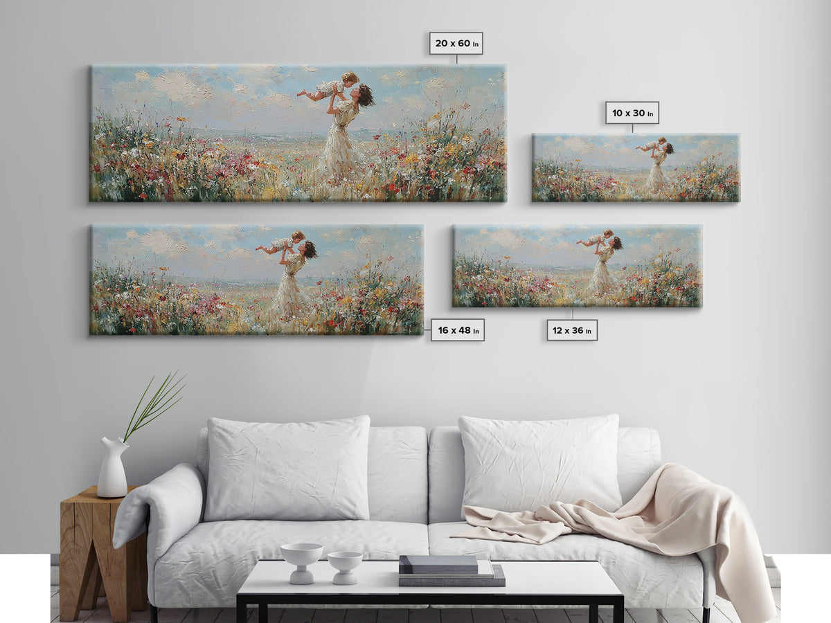 Mother Lifting Baby By Seaside Wildflowers Wall Art, Impressionist Coastal Canvas Print, Nursery Decor, Mothers Day Gift