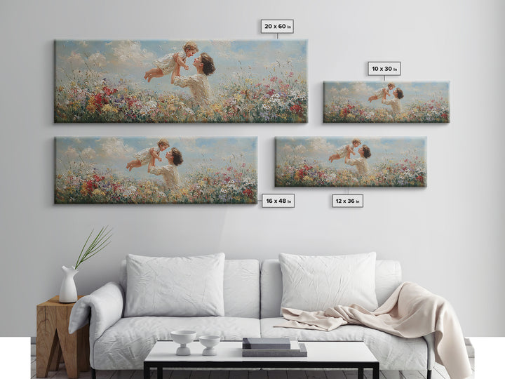Mother Tossing Baby Above Wildflower Meadow Framed Canvas Print, Joyful Floral Wall Art, Nursery Decor, Mothers Day Gift