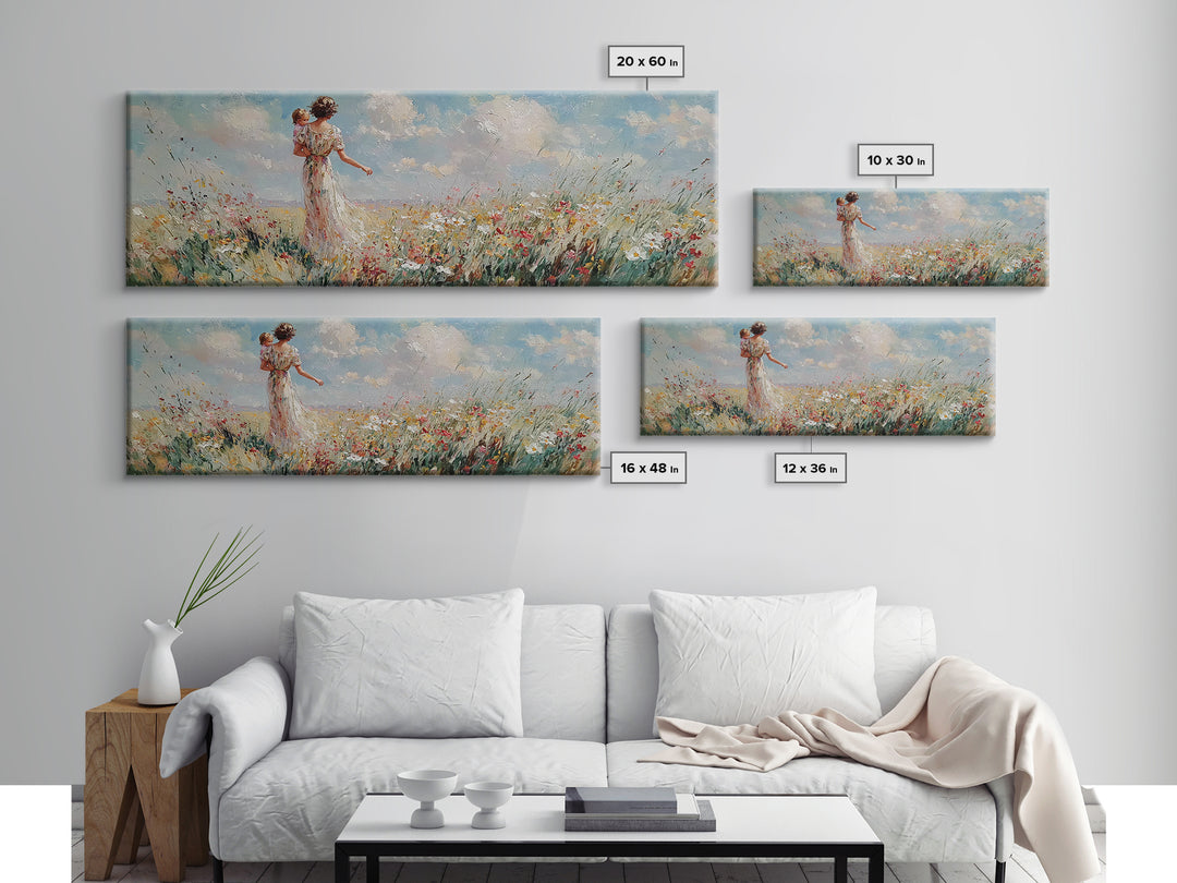 Mother Carrying Baby Through Wildflower Meadow Wall Art, Impressionist Landscape Canvas Print, Nursery Decor, Gift For Mom