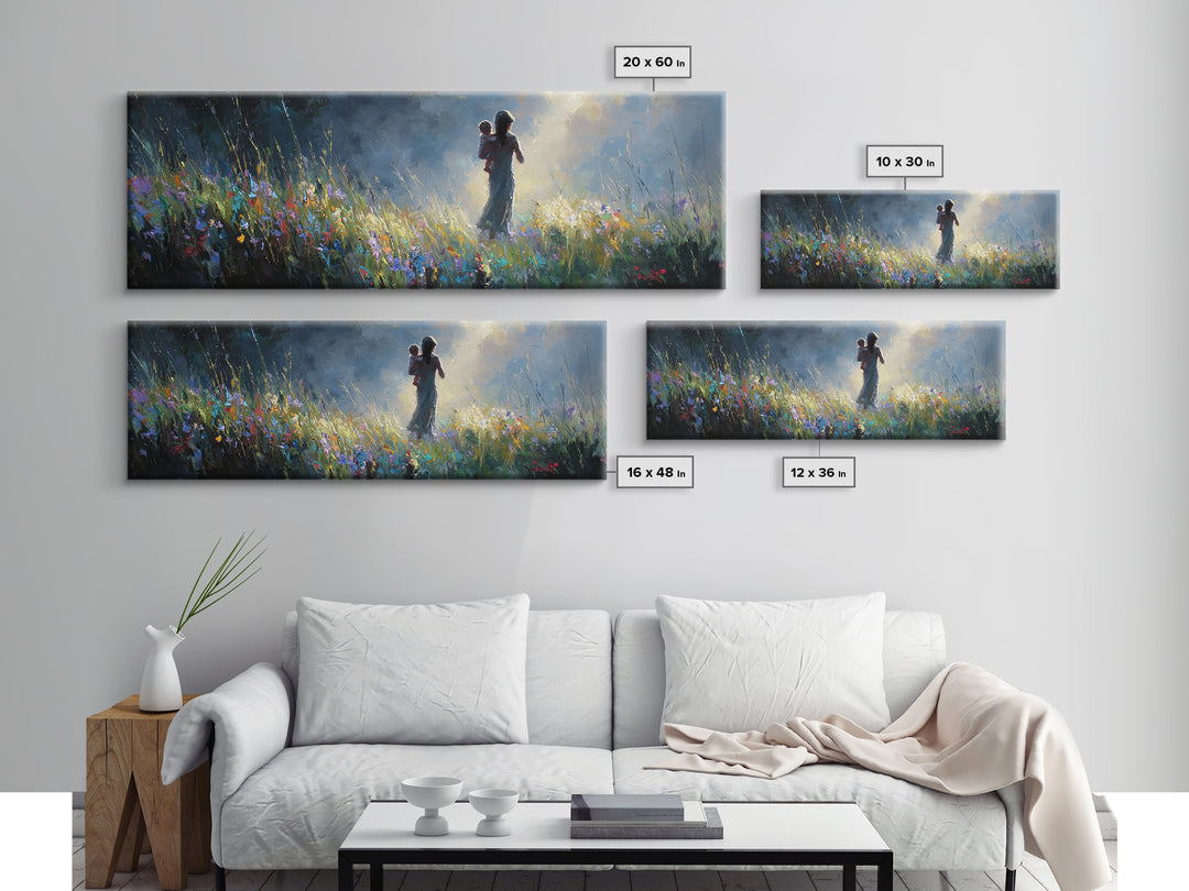Mother And Child Silhouette In Moonlit Wildflower Meadow Canvas Print, Moody Wall Art, Nursery Decor, Gift For Mom Home Decor