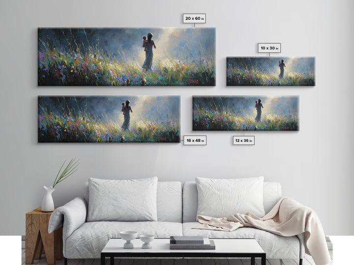 Mother And Child Silhouette In Moonlit Wildflower Meadow Canvas Print, Moody Wall Art, Nursery Decor, Gift For Mom Home Decor