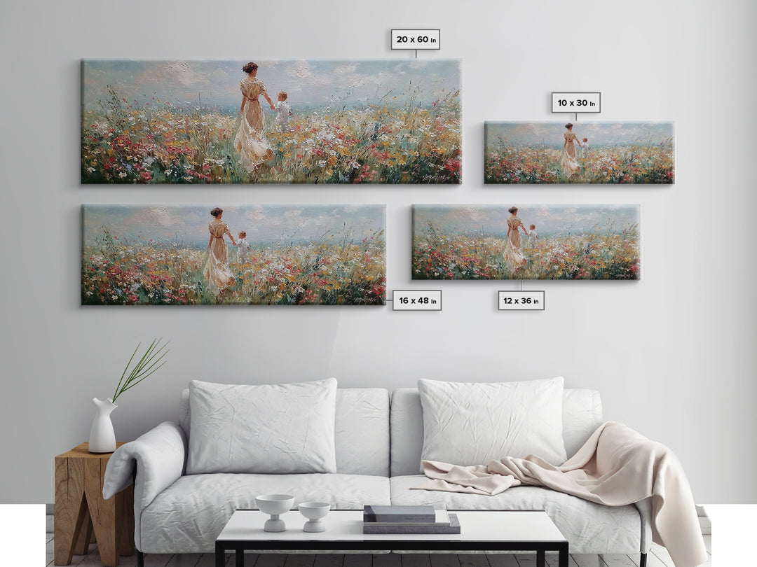 Mother And Child Holding Hands In Coastal Wildflower Meadow Wall Art, Impressionist Canvas Print, Nursery Decor, Gift For Mom